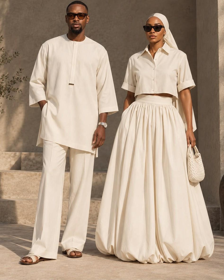 Cream tunic set and cream cropped shirt with gathered skirt