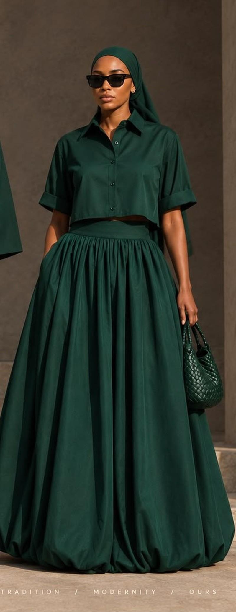 Cropped shirt and gathered maxi skirt in emerald green
